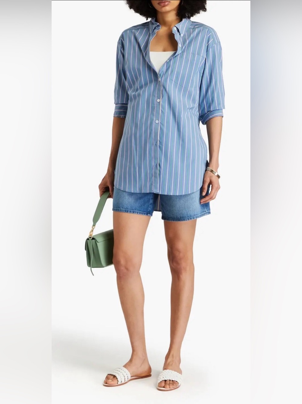 VERONICA BEARD 
Lloyd Striped Poplin Shirt
Blue/Kelly Green
NWT